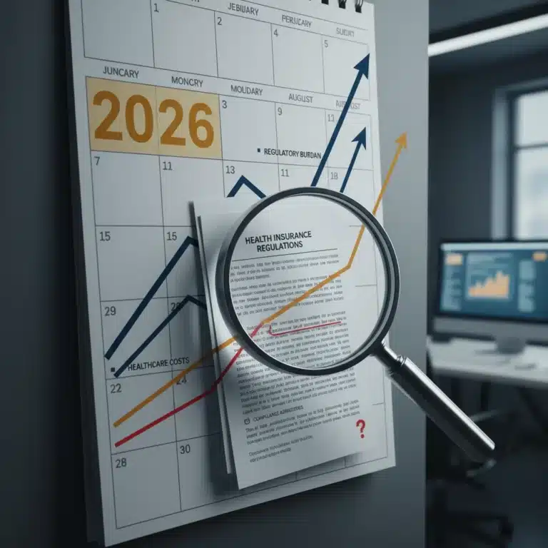 Calendar showing 2026 with rising cost graphs and regulatory documents for health insurance premiums.