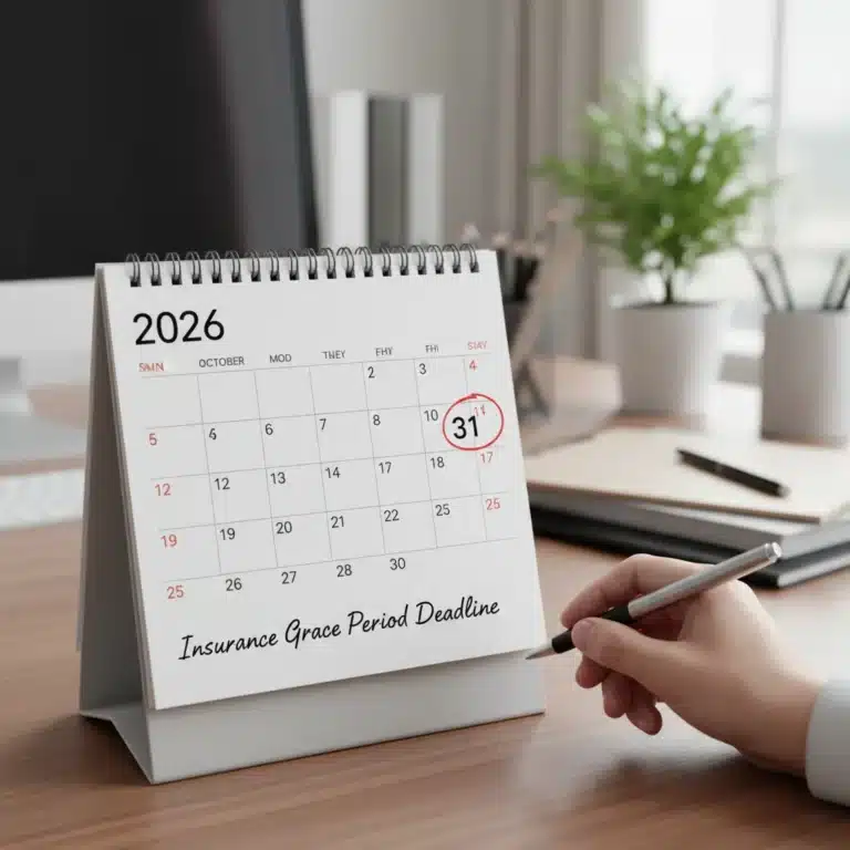 Calendar highlighting an insurance grace period deadline in 2026, emphasizing timely payments.