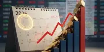 Calendar showing 2026 with rising financial graphs and coins, symbolizing a 10% increase in insurance premiums due to market shifts.
