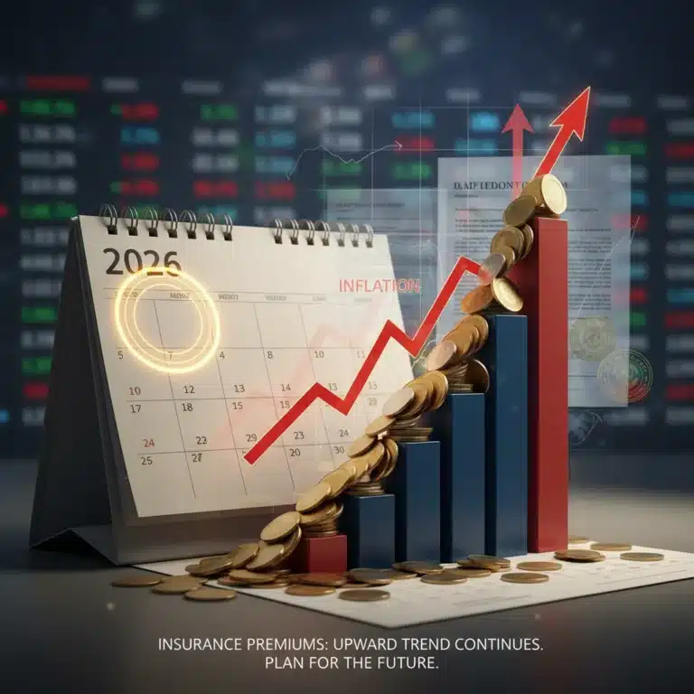 Calendar showing 2026 with rising financial graphs and coins, symbolizing a 10% increase in insurance premiums due to market shifts.