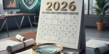 Calendar showing 2026 with insurance documents and a shield