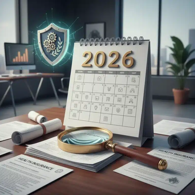 Calendar showing 2026 with insurance documents and a shield