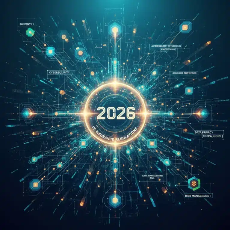 Abstract representation of new regulatory requirements for US insurers in 2026, showing interconnected compliance challenges.