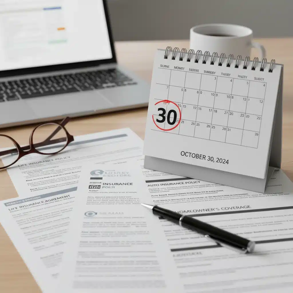 Calendar with 30-day deadline circled, surrounded by insurance documents.