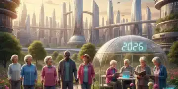 Seniors enjoying an active, healthy lifestyle in a futuristic setting, representing increased longevity and its financial implications.