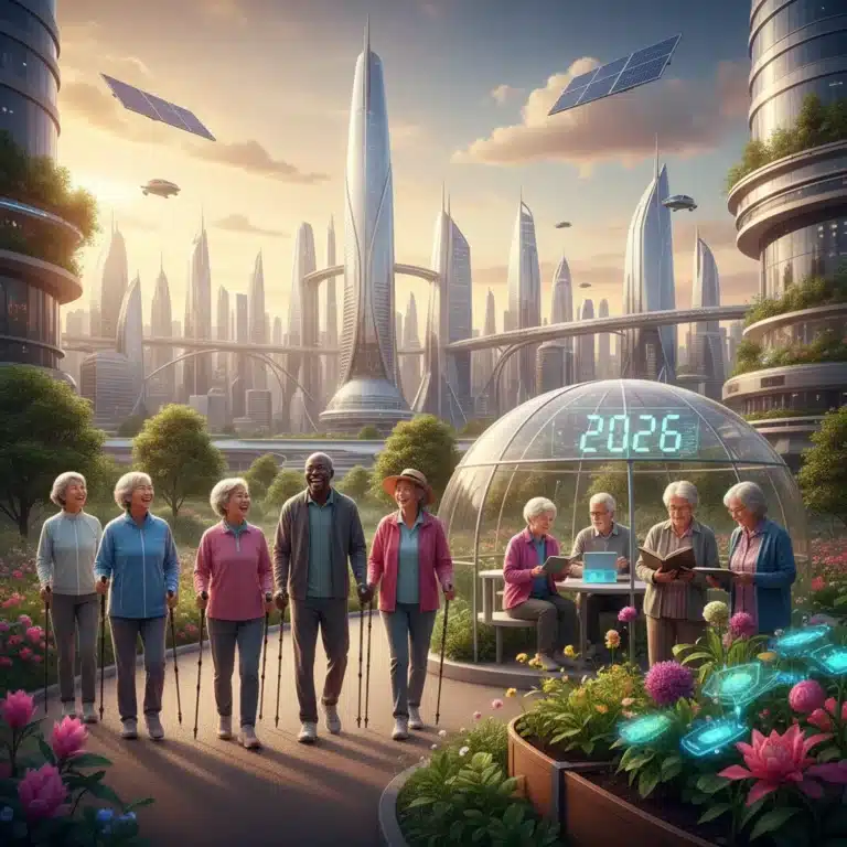 Seniors enjoying an active, healthy lifestyle in a futuristic setting, representing increased longevity and its financial implications.