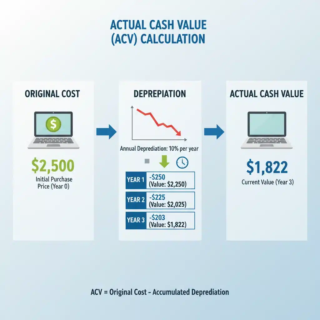 Infographic demonstrating Actual Cash Value calculation with original cost, depreciation, and final payout.