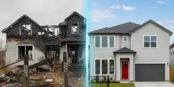 Actual Cash Value vs Replacement Cost Value concept with damaged and rebuilt house