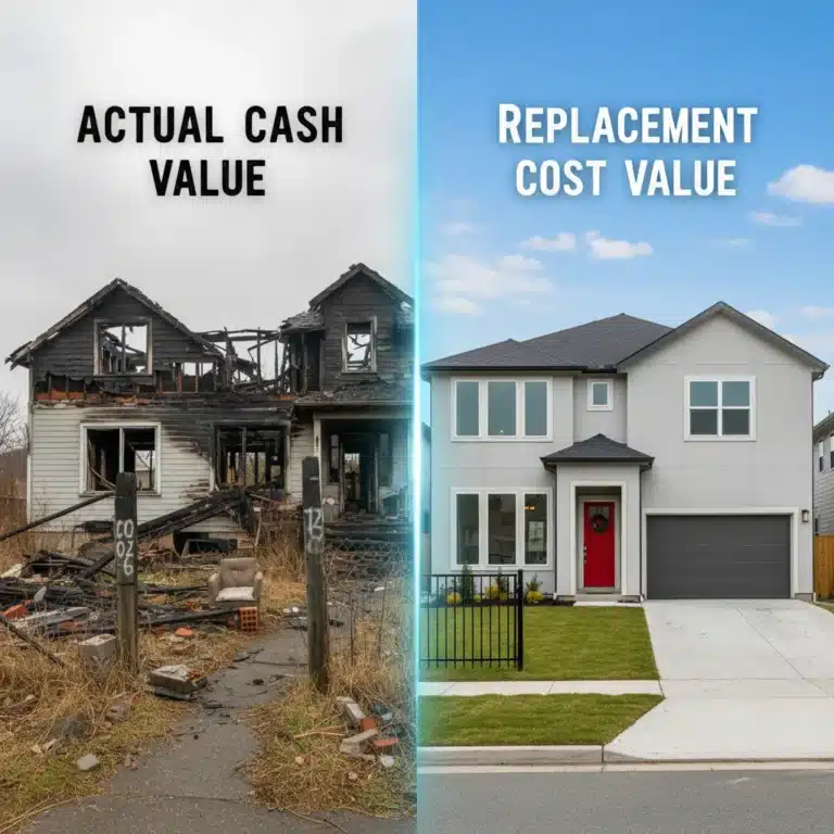 Actual Cash Value vs Replacement Cost Value concept with damaged and rebuilt house