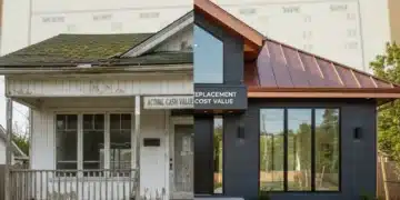 Split image showing a weathered house on one side and a brand-new house on the other, symbolizing ACV vs RCV insurance concepts for 2026.