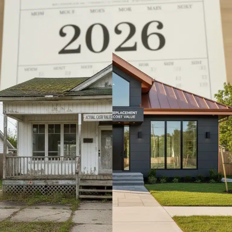 Split image showing a weathered house on one side and a brand-new house on the other, symbolizing ACV vs RCV insurance concepts for 2026.