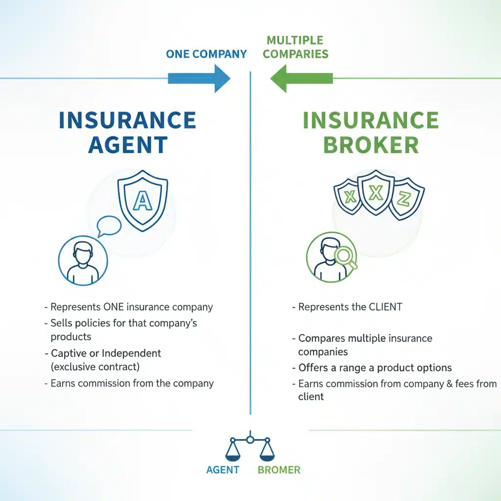 Infographic comparing insurance agent and insurance broker roles