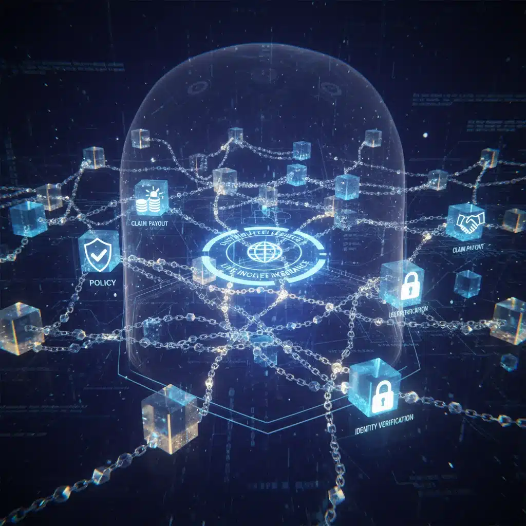 Blockchain technology securing life insurance transactions and data.