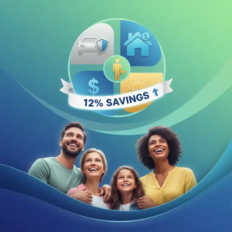 Illustration of bundled insurance policies saving money with a 12% reduction tag