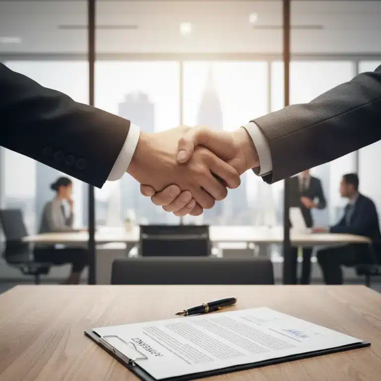 Business handshake over contract, symbolizing a successful 2026 renewal negotiation.