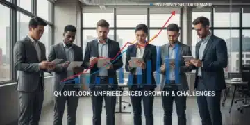 Business professionals analyzing risk data and market trends in an office setting.