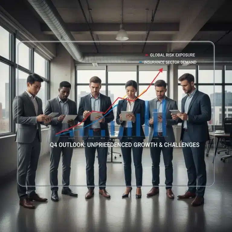 Business professionals analyzing risk data and market trends in an office setting.