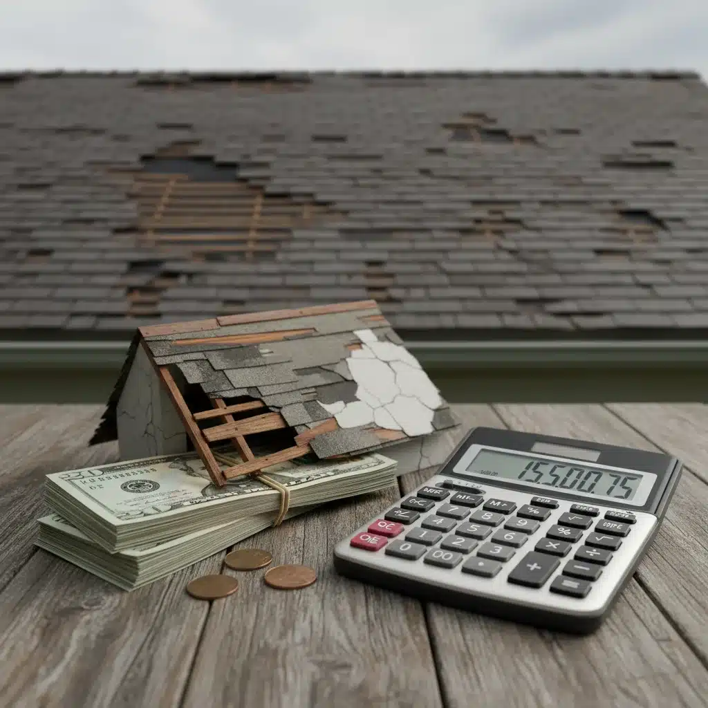 Calculator with money and damaged roof, symbolizing depreciation in insurance