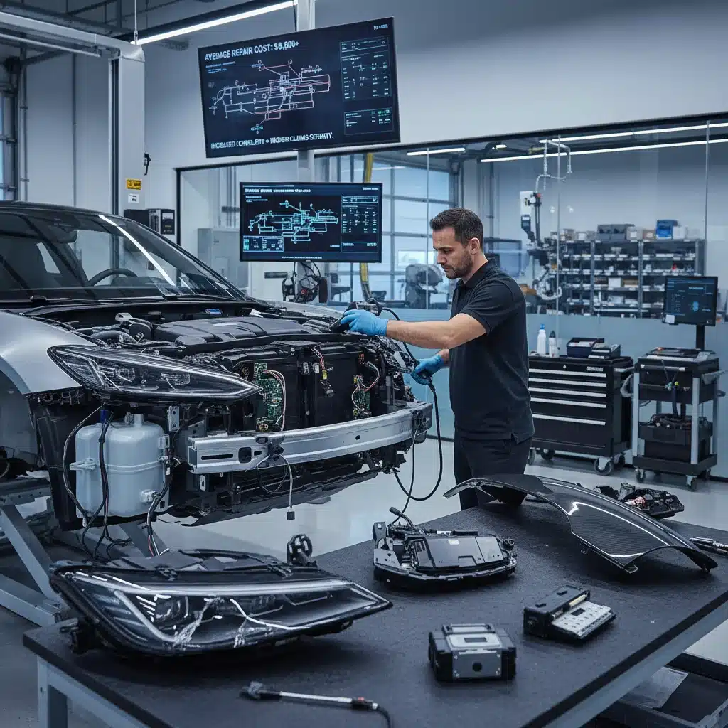 Mechanic repairing a modern car in an auto body shop, illustrating repair costs