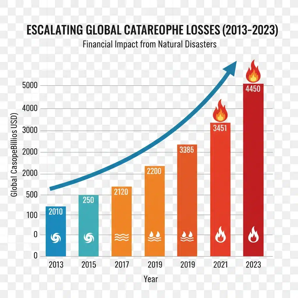 Graph showing increasing global catastrophe losses over time.