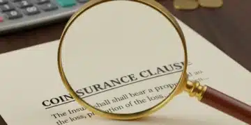 Coinsurance clause magnified on an insurance policy document with calculator and coins