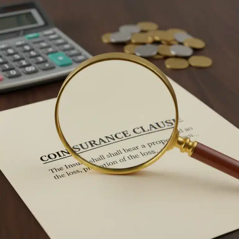 Coinsurance clause magnified on an insurance policy document with calculator and coins