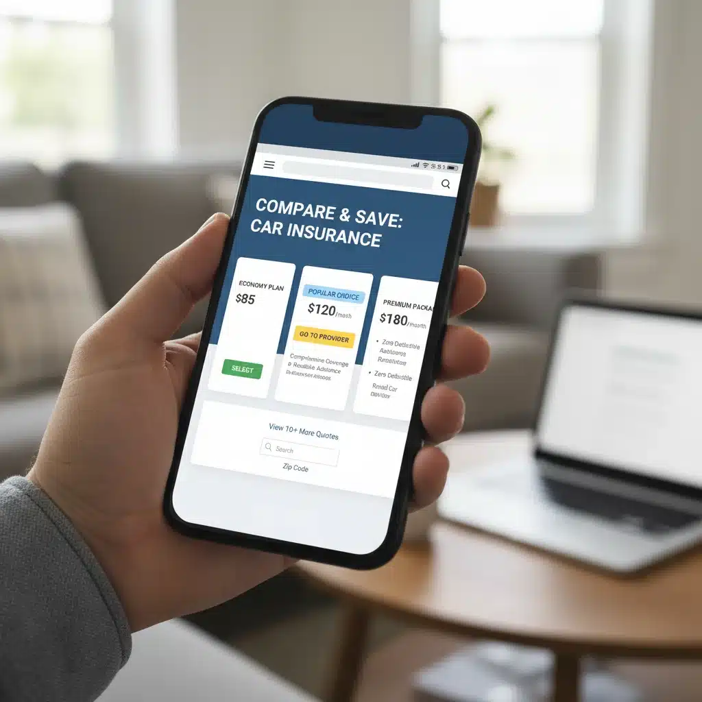 Hand holding smartphone comparing insurance quotes on a screen.