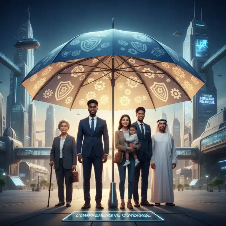 Diverse people under a protective umbrella, symbolizing comprehensive insurance for 2026.