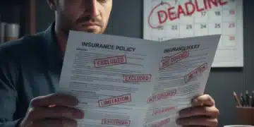 Confused person examining 2026 insurance policy with exclusion stamps