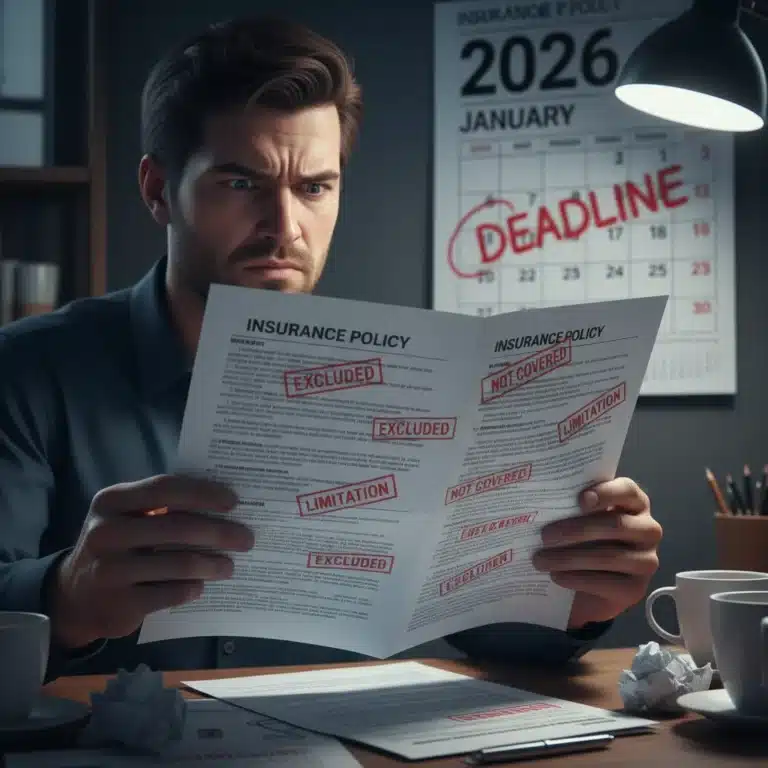 Confused person examining 2026 insurance policy with exclusion stamps