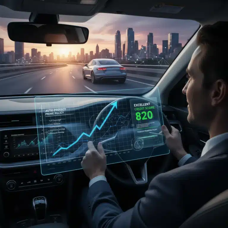 Driver reviewing credit score and auto insurance documents on a tablet