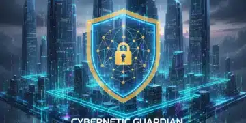 Digital cityscape with cyber security shield and data streams, representing future cyber insurance trends.