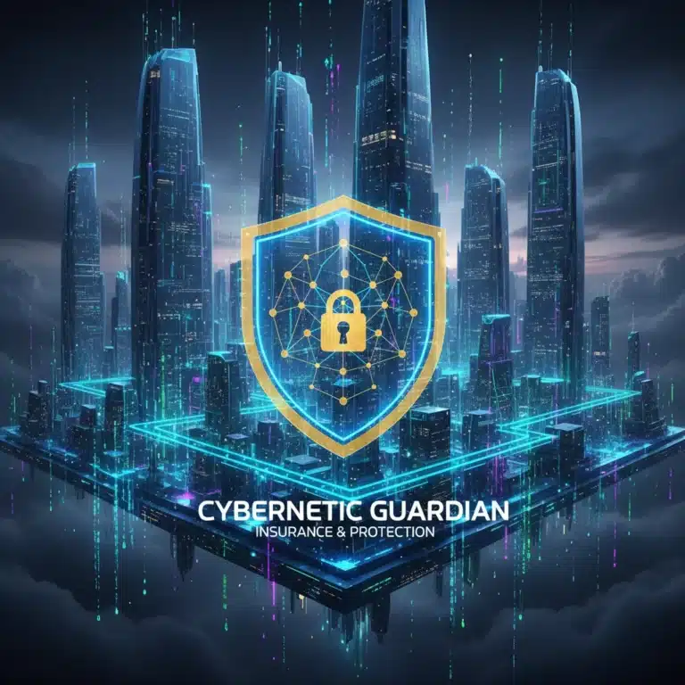 Digital cityscape with cyber security shield and data streams, representing future cyber insurance trends.