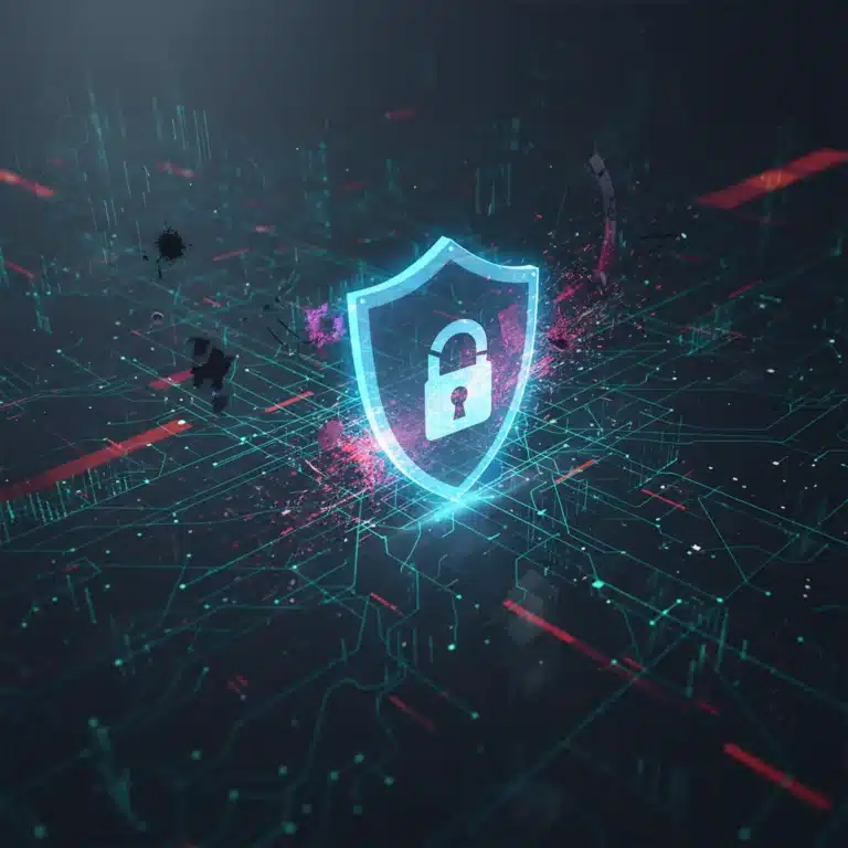 Digital shield protecting a business network from cyber threats, illustrating rising cyber insurance costs.