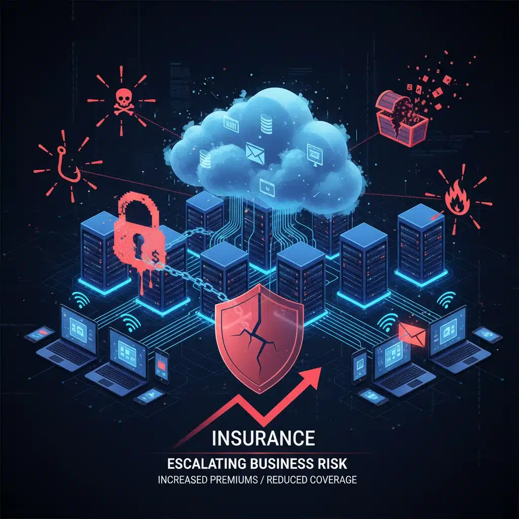 Digital infrastructure with cyber threat icons affecting insurance