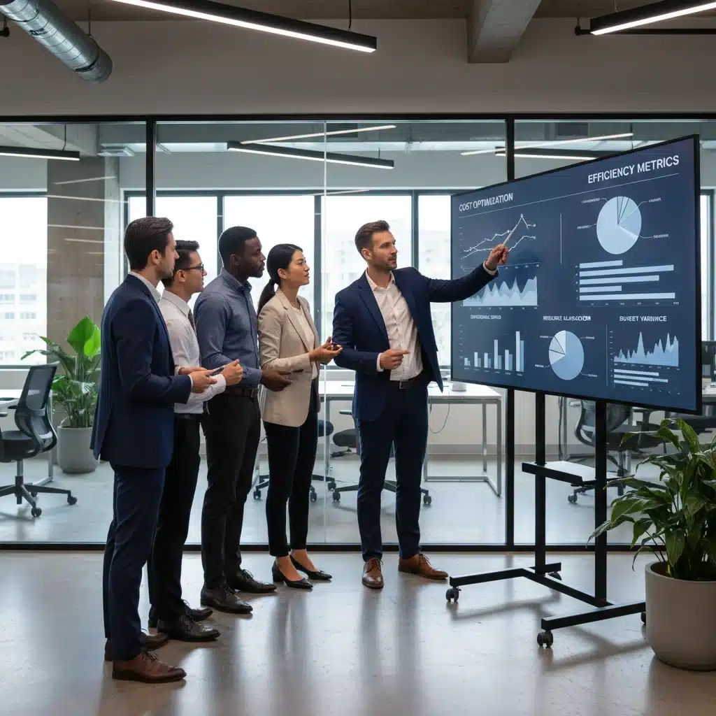 Insurance professionals analyzing data on a digital dashboard for cost optimization.