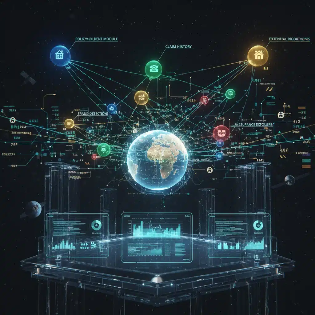Intricate data analytics network illustrating risk assessment and predictive modeling in insurance.