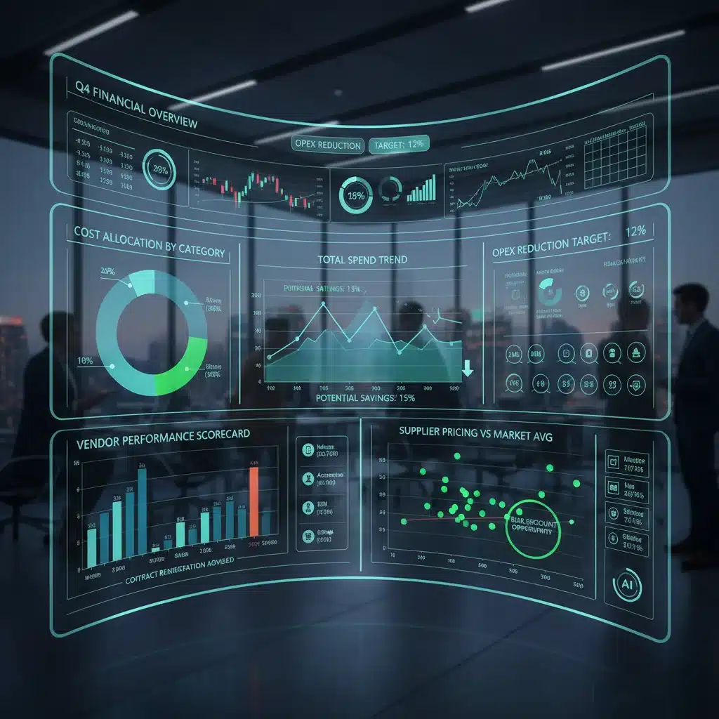 Data analytics dashboard displaying vendor performance and cost savings opportunities for 2026 renewal.
