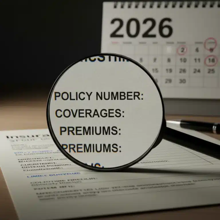 Magnifying glass examining an insurance declarations page for 2026 updates.