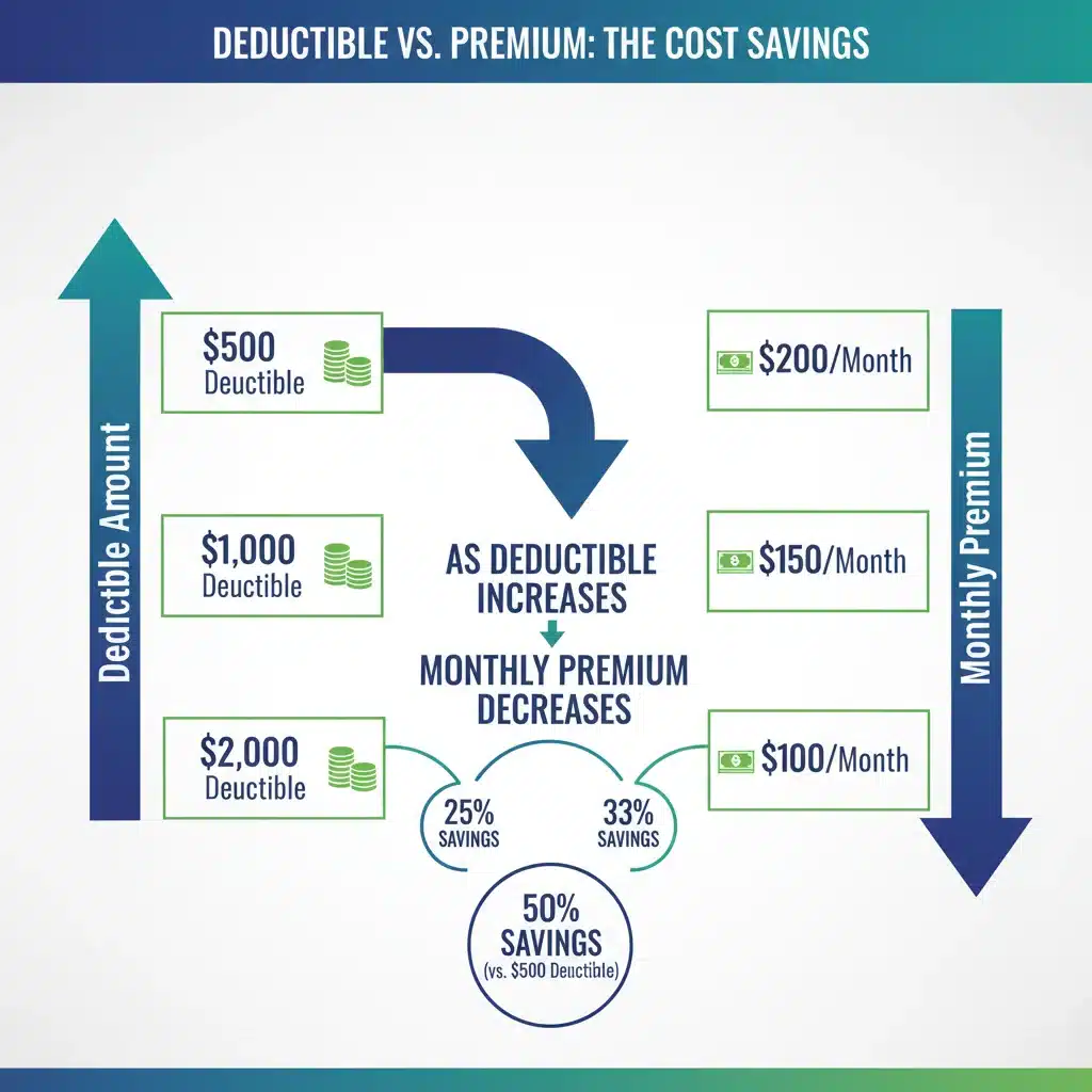 Infographic showing inverse relationship between deductible and premium