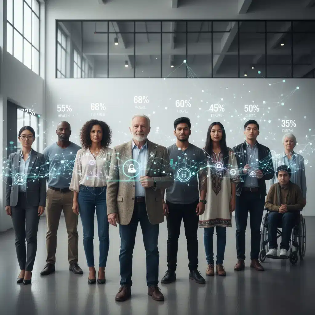 Diverse group of individuals representing demographic segments with transparent personal risk profiles.