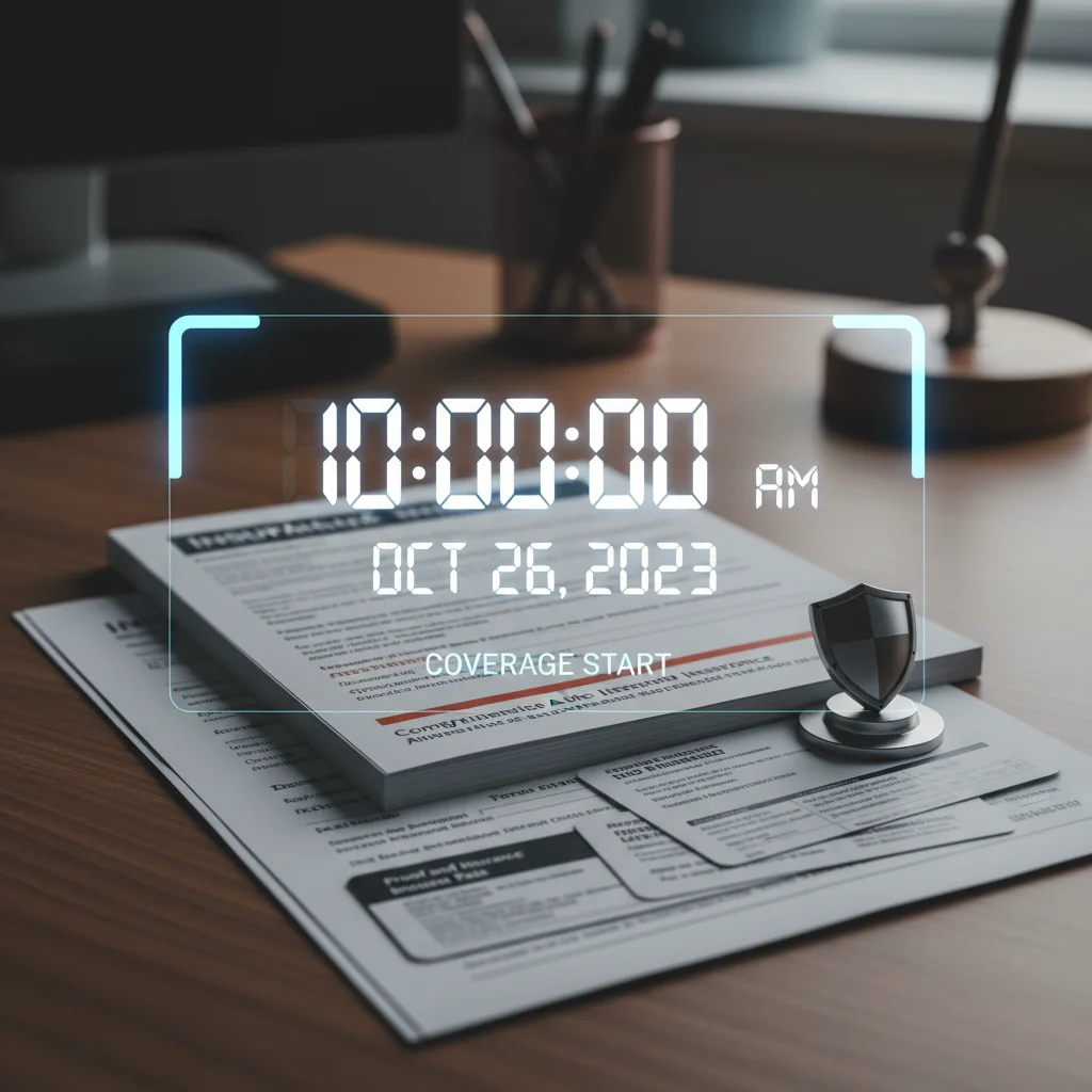 Digital clock and insurance documents symbolizing coverage start time