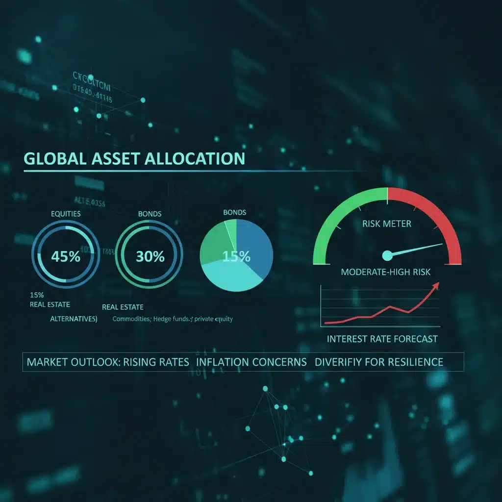 Diversified investment portfolio dashboard showing asset allocation and risk management