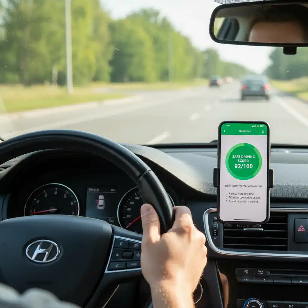 Driver using telematics app on smartphone for safe driving score