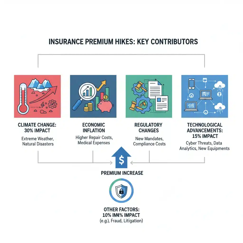 Infographic showing key drivers of rising insurance premiums: climate change, inflation, regulatory changes, and technology.