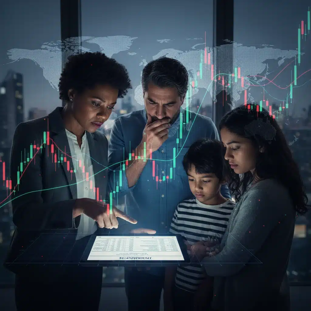 Diverse individuals reviewing insurance documents with economic indicators in background