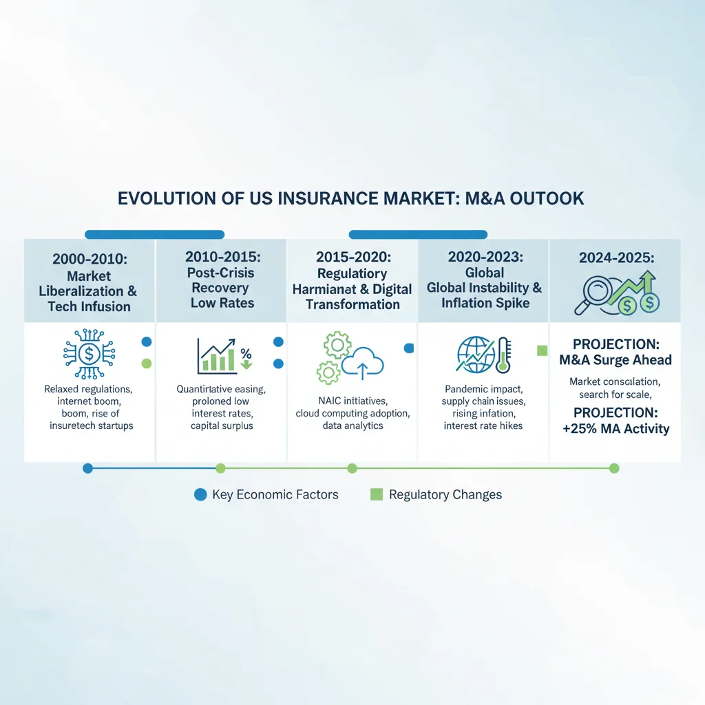 Infographic depicting economic and regulatory factors driving US insurance M&A activity.