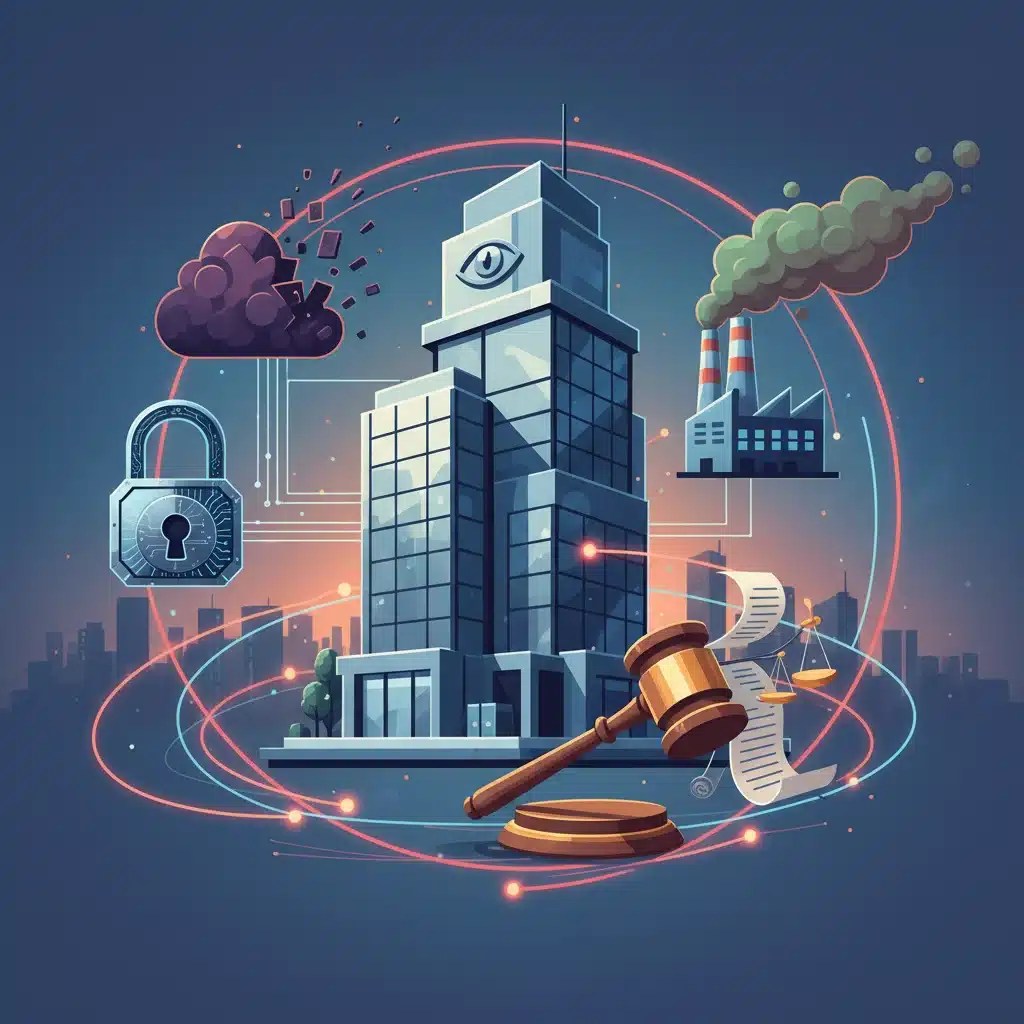 Illustration of a business surrounded by diverse emerging risks including cyber, environmental, and regulatory threats.