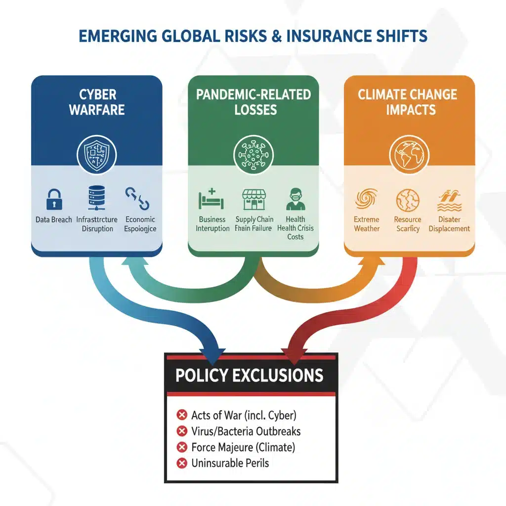 Infographic illustrating emerging risks leading to policy exclusions in 2026.
