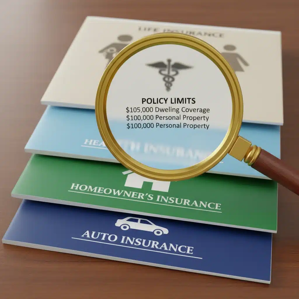 Magnifying glass examining policy limits on various insurance documents.
